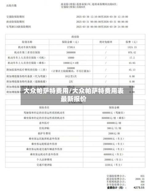 大众帕萨特费用/大众帕萨特费用表最新报价
